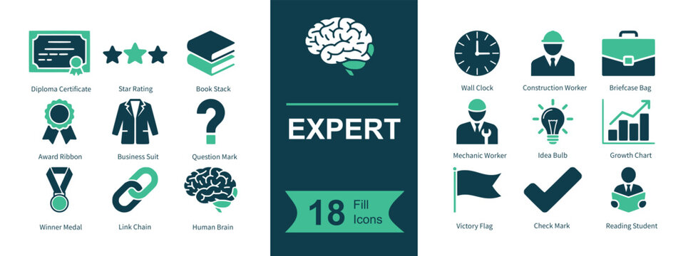 Expert icon set. Containing certificate, stars rating, books stack, brain knowledge, clock time, worker engineer, briefcase professional, medal award, suit attire, question query, ribbon medal, chain 