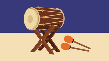 Illustration of a traditional Indian dholak drum on a stand with two drumsticks, ready for a musical performance