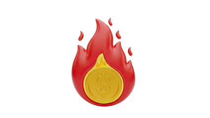 Gold Dollar Coin on Fire Icon on transparent background