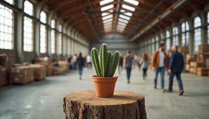 Potted cactus sits on tree stump table in large warehouse. People walk blurred in background. Natural decor element contrasts industrial setting with rustic charm and minimalist appeal.