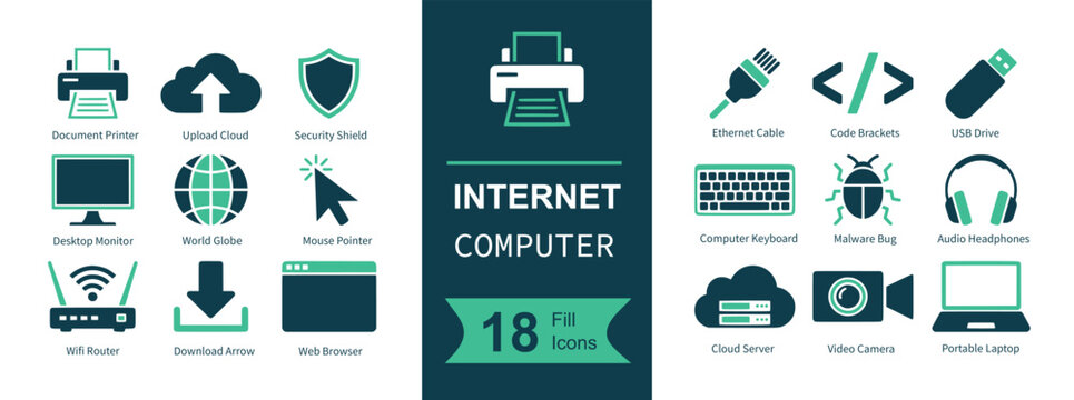 Internet computer icon set. Containing printer, upload cloud, security shield, monitor screen, globe network, mouse pointer, wifi router, download arrow, browser window, network cable, code brackets, 