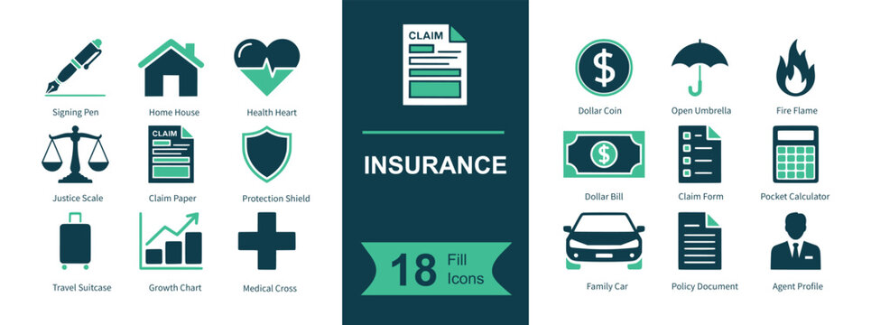 Insurance icon set. Containing signing pen, home, health heart, claim form, dollar coin, umbrella protection, fire risk, balance scales, policy document, shield security, travel suitcase, growth chart