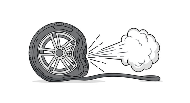 Cartoon illustration of a punctured car wheel with a flat tire, with air rapidly escaping from the hole in the rubber.