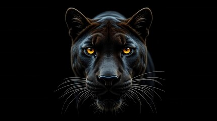 Obraz premium Front view of Panther on black background. Wild animals banner with copy space. Predator series. digital art 