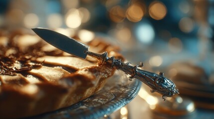 A close-up of a festive pie server with a holiday handle,