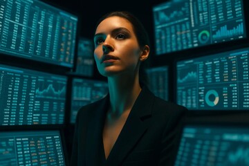 Serious female trader surrounded by many glowing data screens, monitoring global financial markets and real time stock information.