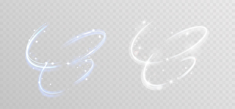 Elegant white and blue flowing light trails with sparkling particles on transparent background.
