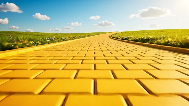 Vibrant yellow brick road stretching through lush green landscape under sunny blue sky