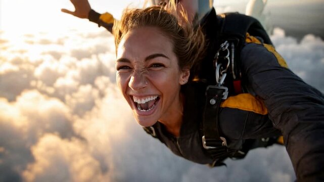 A happy woman skydiver stretches her arms wide while flying high above a sea of clouds celebrating freedom courage travel adventure and life changing experiences perfect for tourism promotio