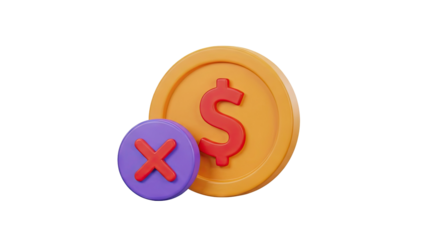 3D Coin with Dollar Sign and Red Cross Mark on transparent background