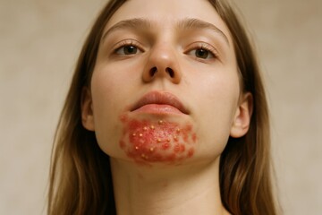 Young woman with severe inflammatory acne around chin, closeup dermatology portrait showing red pustules and irritated skin condition.