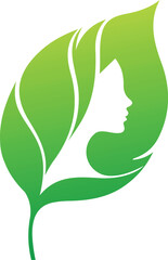 organic cosmetics brand icon, woman profile inside green leaf, woman leaf logo