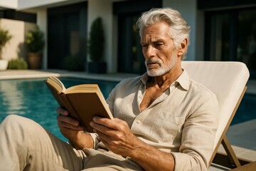 Senior man reading a book by a modern pool, relaxed luxury lifestyle in bright summer sunlight.