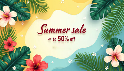 Tropical summer sale banner with hibiscus flowers palm leaves. Offer up to 50 off for vacation beach deals. Bright colorful design elements.
