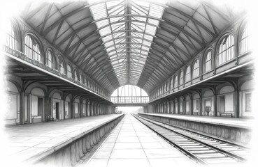 Old european train station interior sketch. Empty platform with railway tracks. Arched windows, vaulted ceiling structure. Victorian era architecture, design. Passengers await departure arrival.