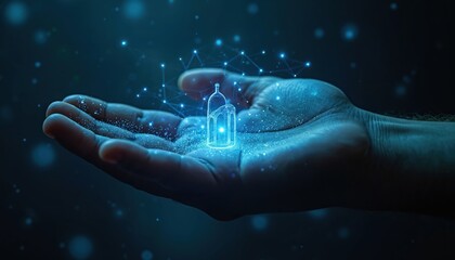 Hand holds glowing digital structure with connected nodes. Futuristic technology concept of data networks and information systems. Blue light particles float around structure and hand.