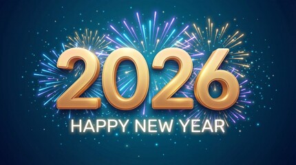 Golden 3D 2026 Numbers with Happy New Year Text and Festive Fireworks on Dark Blue Background