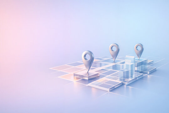 3D Render of Digital Map Grid with Multiple Silver Location Pins and Crystal Skyscrapers &ndash; Concept for Logistics, Real Estate Network, and Global Positioning System