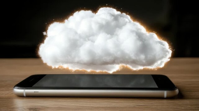 Mobile cloud computing and data storage technology with glowing cloud above smartphone screen
