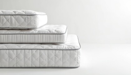 Three stacked white mattresses display quilted patterns, plush comfort. Minimalist furniture design for clean bedroom decor, offering support, restful sleep. Perfect for interior design, home