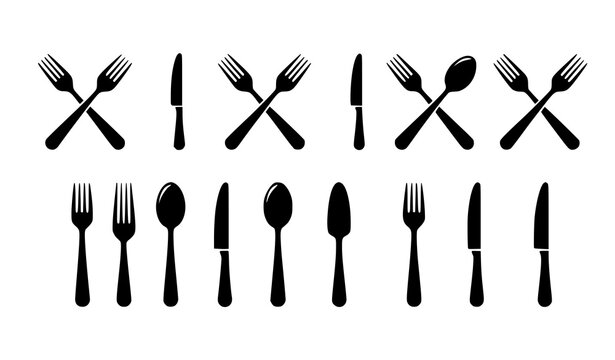 Black silverware icon set with fork spoon and knife menu symbols isolated on white