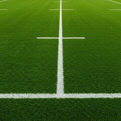 Fototapeta premium Vibrant green turf of an empty professional rugby stadium pitch, freshly mown and marked with bright white sports lines ready for play, playing field, summer, sunny