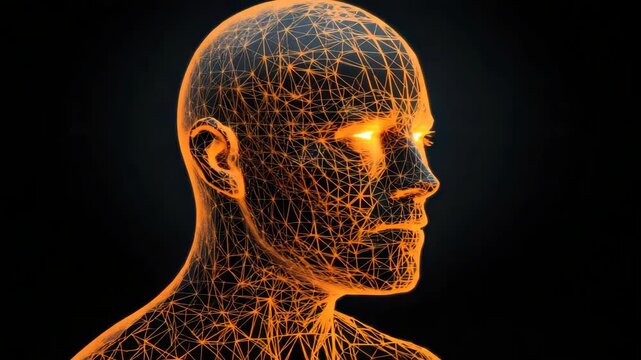 Neon wireframe human bust with glowing eyes glowing orange wireframe human head futuristic digital