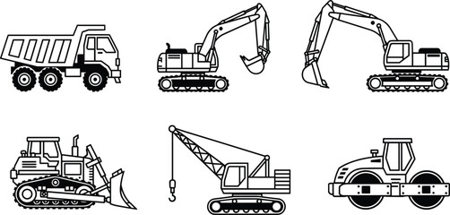Construction Machinery Line Art Icons Set Featuring Dump Truck, Excavator, Bulldozer, Crane and Road Roller for Industrial DesignWeb © Shohan Creatives 