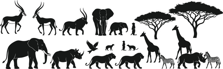 African wildlife silhouettes collection with safari animals trees and birds isolated on white background nature savanna vector illustration setWeb