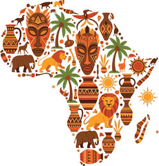Africa map illustration with African tribal art wildlife animals masks and cultural symbols decorative vector design collection style poster
