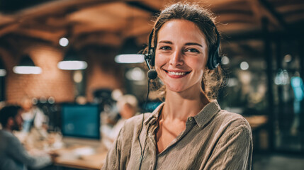 Smiling Customer Service Representative at Busy Call Center