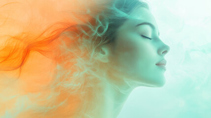 Surreal woman with flowing multicolored hair in soft light
