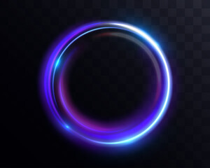 Bright futuristic circular light ring with blue and violet glow on dark transparent background.
