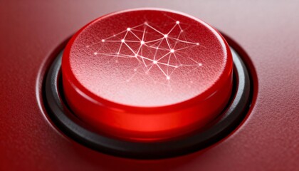Red round button with illuminated network or neural lines symbol. Futuristic technology, innovation, and artificial intelligence concept. Control, interface, modern UI, and startup idea.