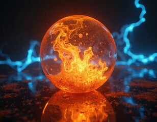 Abstract sphere contains burning fire and liquid with blue electric energy arcs behind. Hot glowing orb reflects on dark surface. Science, magic, power concept.