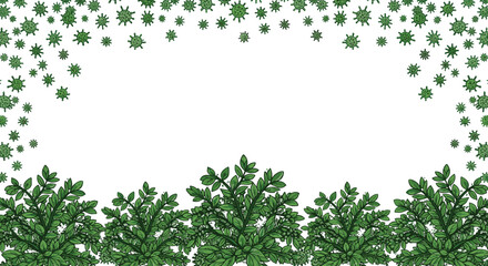 Medical or environmental themed frame with green virus or pollen particles above and healthy plant foliage below on a white background.