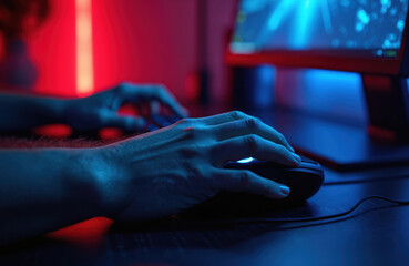 Hands typing on keyboard and using mouse in low light. Person works on computer with neon red and blue illumination. Focused user navigates digital interface.