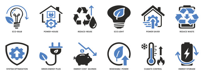 Energy Efficiency and Green Technology Icon Set Vector Symbols for Sustainability, Renewable Power, and Eco-Friendly Living