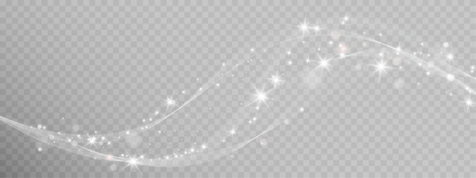 Flowing white light wave with sparkling particles on transparent background.
