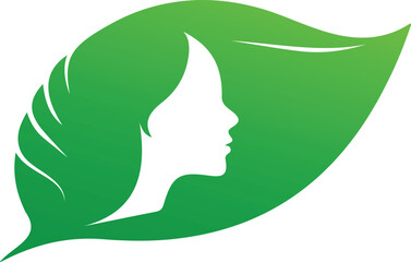 organic cosmetics brand icon, woman profile inside green lea, herbal health and beauty logo template, green leaf woman profile.