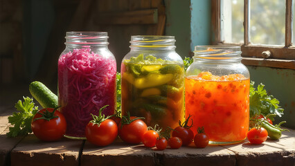 Preserved Vegetables in Glass Jars by Window