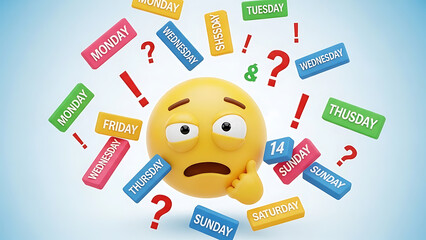 Confused emoji surrounded by colorful days of the week with question marks and exclamation marks on a gradient blue background