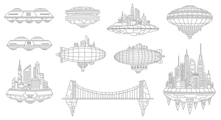 Futuristic flying city structures and sky bridges in a fantasy outline © Muhammadagil