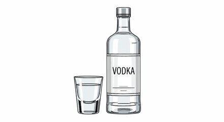 Clear Vodka Bottle with Shot Glass Illustration Isolated on White Background for Bar and Party Concept