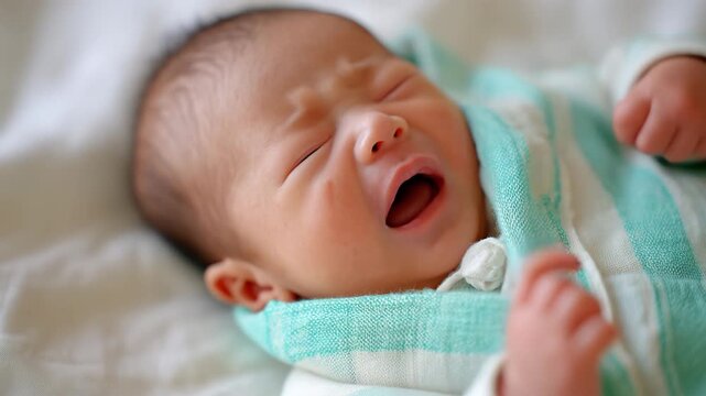 緑の包みにくるまれ泣く赤ちゃんの表情を捉えた室内写真
