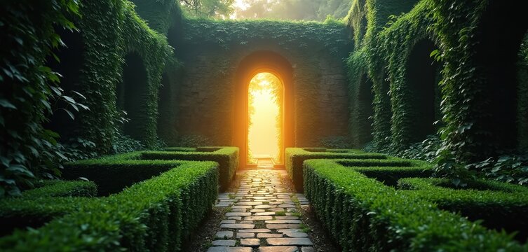 Stone path leads through dense green hedge maze toward bright archway with glowing sunlight. Ivy covers ancient walls creating mystical garden passage. Outdoor nature exploration scene.