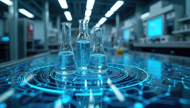 Erlenmeyer flasks with blue liquid sit on futuristic digital interface. Science lab with advanced tech equipment in background. Clean research facility. - Powered by Adobe