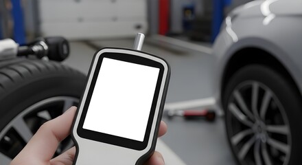 Hand holding blank digital tablet near car tire in automotive workshop setting