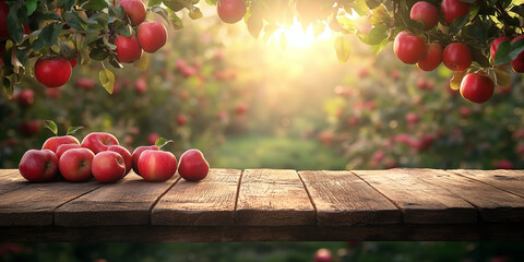 Fresh red apples placed on rustic wooden table with apple orchard background under warm sunrise light, perfect for food advertising, wellness branding, organic product packaging