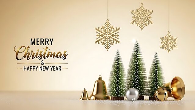 Elegant three dimensional rendering of miniature frosted bottle brush Christmas trees resting in simulated snow alongside glittering gold jingle bells and hanging ornate snowflakes against a soft beig